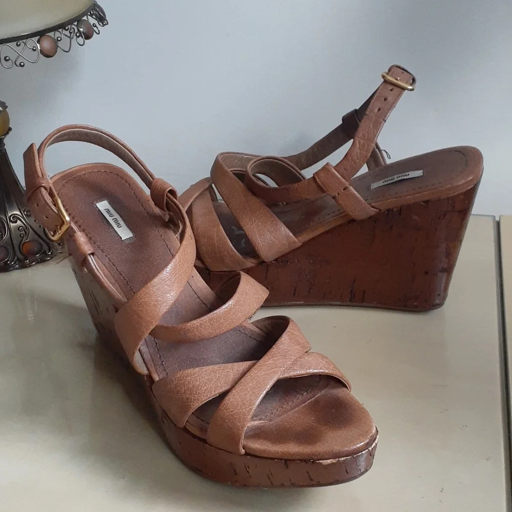 Miu Miu Leather Platform Sandals Shoes Heels Wedge Tan 41